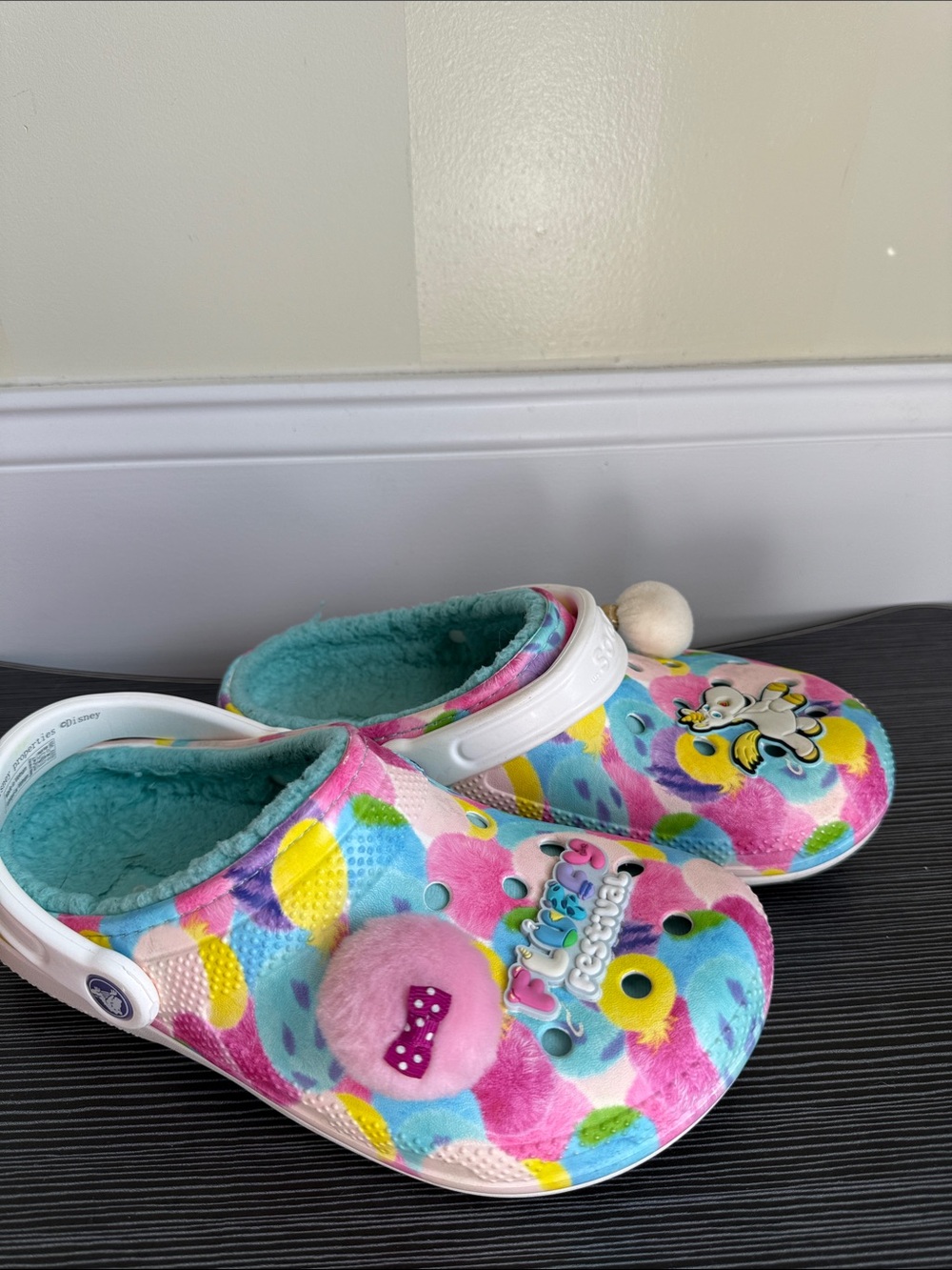 Womens Plush-Lined Tie-Dye Croc Disney Shoes with Pom Accent - Pink Blue Yellow